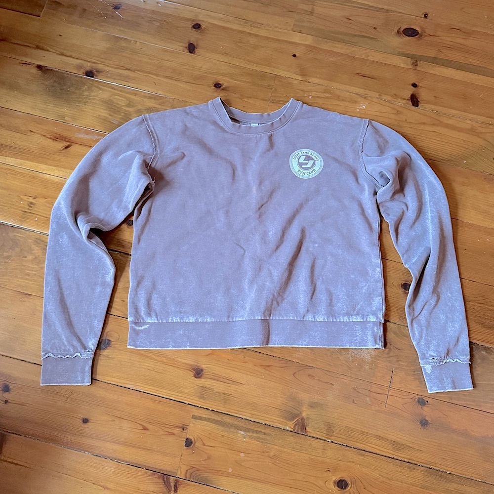 LORNA JANE • Distressed Gym Club Crewneck Sweater • Size Medium • Tan